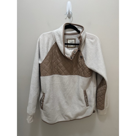 abercrombie and fitch‎ Sherpa Pullover Cream Tan Snap Neck Jacket Size Medium - Picture 1 of 10